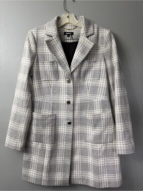 DKNY coat white and gray plaid pattern and silver buttons. 10